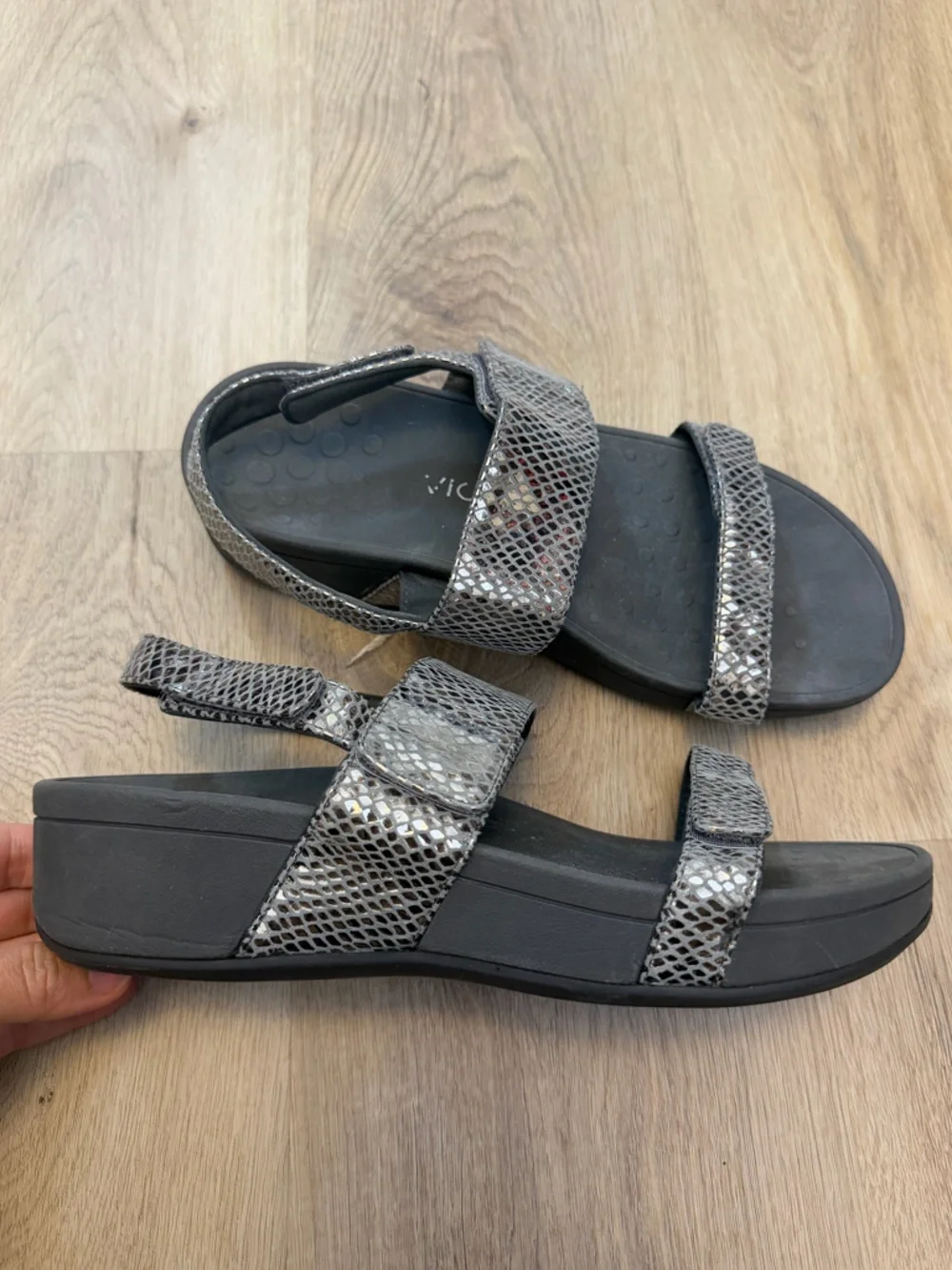 VIONIC Metallic Snake-Print Velcro Strap Sandals - Silver/Black
